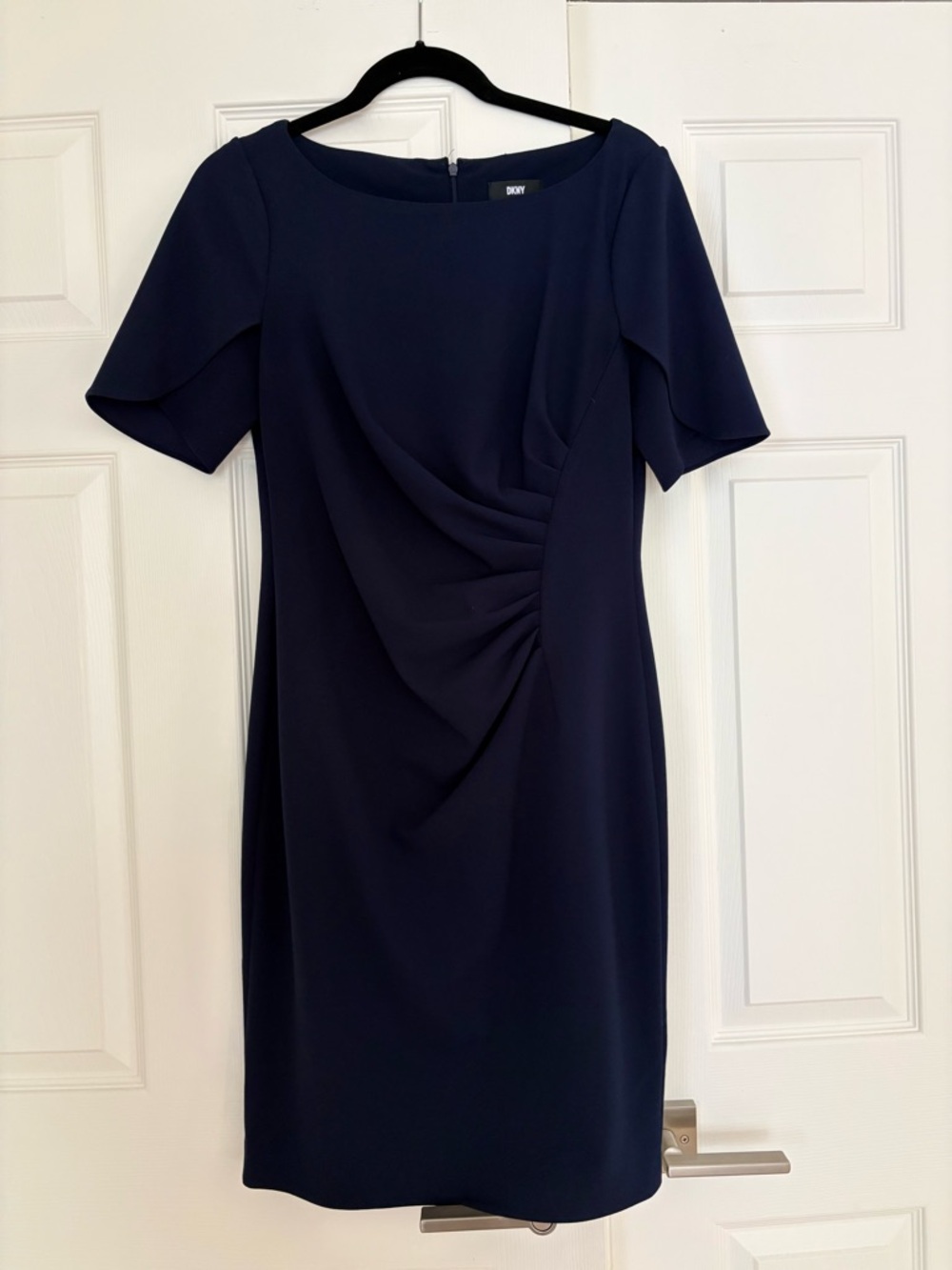 DKNY Navy Ruched Sheath Midi Dress